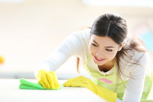 Carpet cleaning team preparing equipment with safety awareness in a home setting